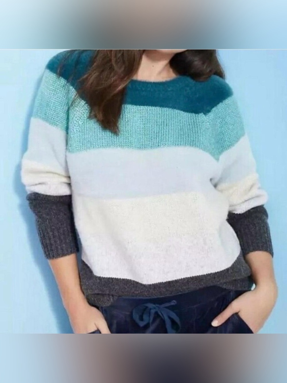 Loft Color Block Sweater, Sz. S, Teal/Blue/Gray, 2% Wool, Fuzzy/Cozy